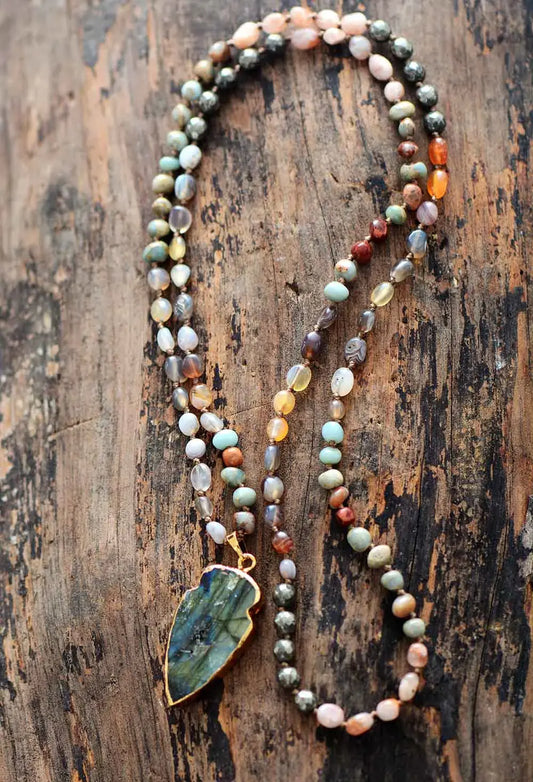 Labradorite Arrow pendant on crystal bead mala necklace