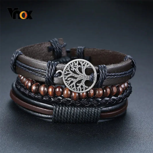 4Pcs/ Set Braided Bracelets, Leather Wooden Beads and Tree Of Life and other Charms